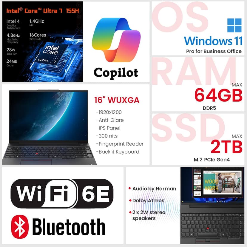 Lenovo ThinkPad E16 G2 Business Laptop Computer, Intel 16-Core Ultra 7 155H (Beat i7-13705H), 64GB DDR5 RAM, 2TB PCIe SSD, 16" FHD+, WiFi 6E, Backlit Keyboard, Fingerprint Reader, W11 Pro, Vent-Hear