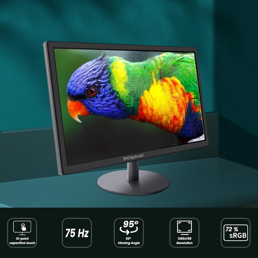 18.5 Inch Touchscreen Monitor HD 1366x768, VESA Wall Mountable, 10-Points Computer Touch Screen PC Display with Type-B HDMI VGA Port, 75Hz Desktop Touch Display, Black