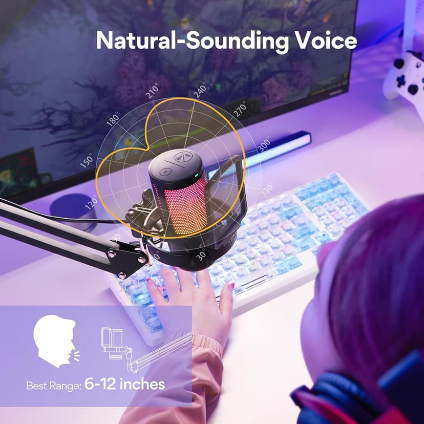 MAONO Gaming USB Microphone, Noise Cancellation Condenser Mic with Mute, Gain, Monitoring, Boom Arm, Pop Filter for Streaming, Podcast, Twitch, YouTube, Discord, PC, Computer, PS5, Mac, DGM20S