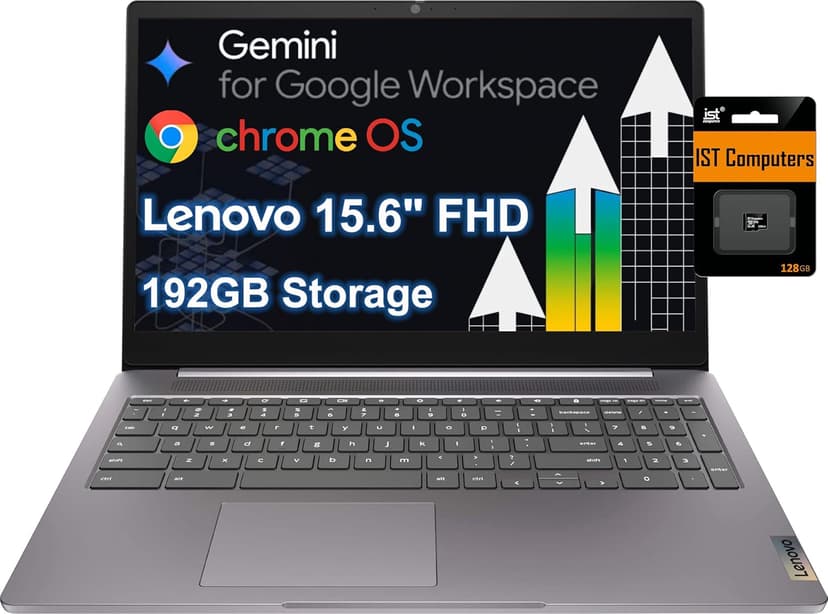 Lenovo Chromebook 15 (15.6" FHD, 4GB RAM, 192GB Storage (64GB eMMC + 128GB SD Card) 2TB Cloud Storage, Intel Celeron) Home & Student Laptop, Webcam, Wi-Fi 6, 10-Hour Long Battery Life, Chrome OS