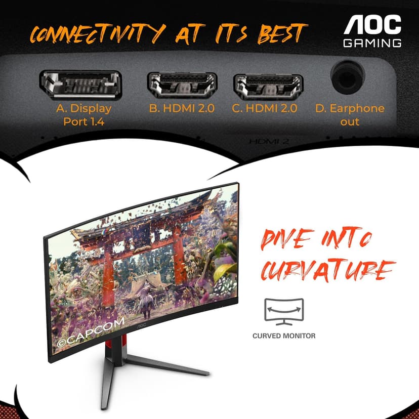 AOC C27G4ZH 27" Curved Frameless Ultra-Fast Gaming Monitor, FHD 1080p, 0.3ms 280Hz, HDMI/DP, Height Adjustable, 3-Year Zero Dead Pixel Guarantee, Black, Xbox PS5 Switch Compatible