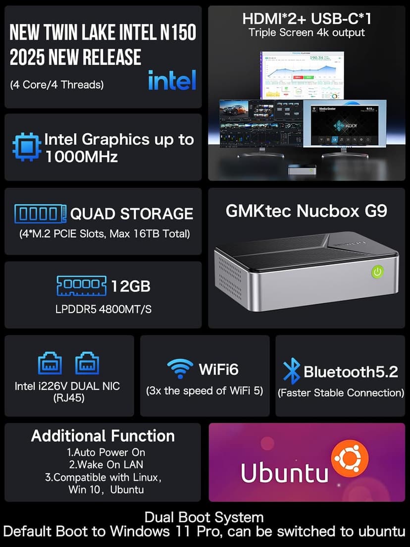 GMKtec Mini PC NAS Intel N150 Dual Boot System 12GB DDR5 64GB EMMC +512GB SSD Desktop Computer 4*M.2 NVMe Slots/Dual NIC 2.5GbE/ USB-C USB 3.2 10Gbps/ Network Attached Storage G9