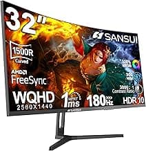 SANSUI 32-Inch Curved Gaming Monitor WQHD 2560 x 1440 180Hz Curved 1500R -1ms(OD), HDR, 300nits, sRGB 125%, DCI-P3 95%, FreeSync, HDMI x2, DP1.2x2(ES-G32C3 DP Cable Included)