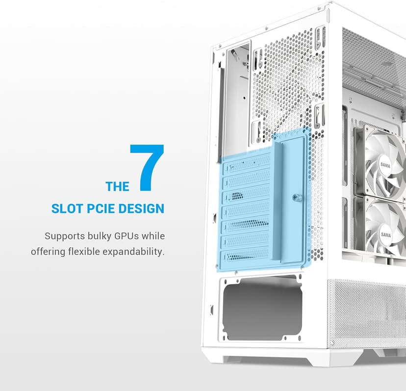 SAMA V40 Mid Tower ATX Case – 6 × 120mm ARGB PWM Fans Pre-Installed, Dual Tempered Glass Panels, Vertical Airflow, Dual-Chamber Design, USB 3.1 Type-C, 7 Slots, Supports ATX/MATX/ITX GPUs, White