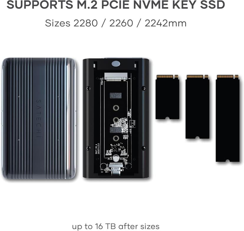 Satechi M.2 Enclosure – USB4 NVMe SSD Pro Enclosure, 40Gbps, up to 16TB, Aluminum Enclosure with Silicone Pin, Polycarbonate Casing, USAP SSD Trim for Sizes 2280/2260/2242/2230mm (SSD Not Included)