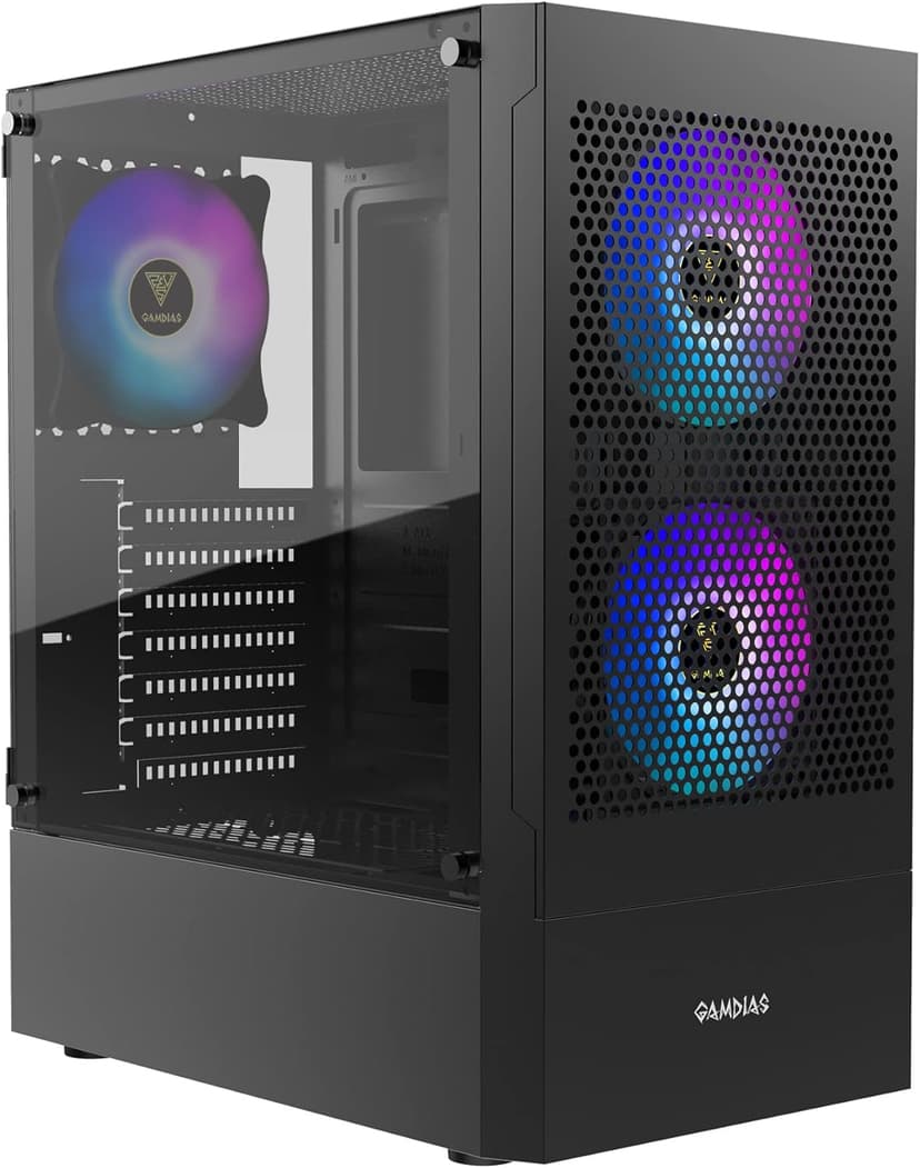 GAMDIAS Gaming ATX Mid Tower PC Computer Case with Tempered Glass, 3 Built-in 120mm ARGB Desktop Case Fans, Support Up to 360mm AIO/Radiator, 5x 120mm Fans, 300mm GPU/VGA, 150mm PSU & 160mm CPU Cooler