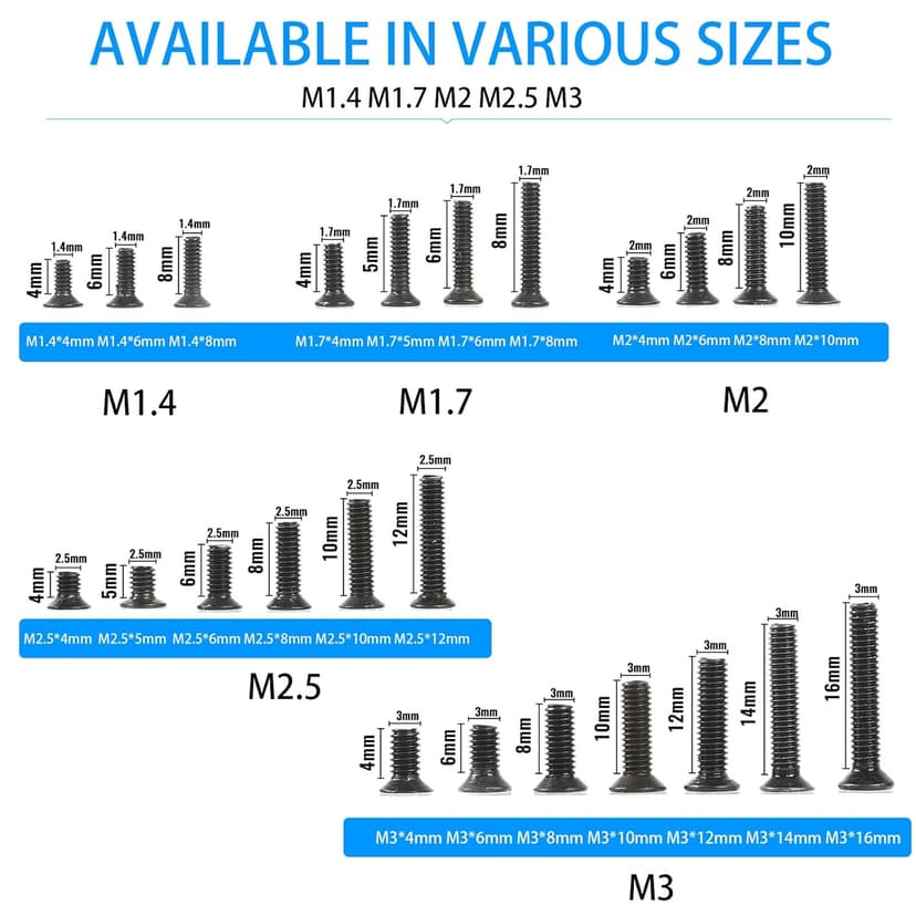 720pcs Laptop Notebook Screws Set,Replacement Computer Screws Kit,M1.4,M1.7,M2,M2.5,M3 countersunk Flat Head Phillips Mini Screw Set for Electronic Repair.