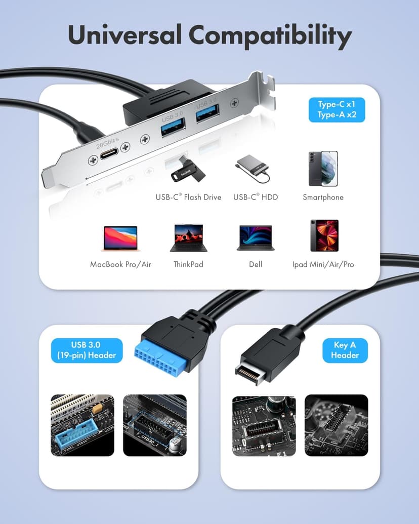 GRAUGEAR 20Gbps USB3.2 Gen2x2 USB-C Front Panel Adapter, Motherboard Header Extension Cable, USB-C and USB to USB3.2 Type-E Key-A 20-Pin and 19-Pin USB3.0 Connectors with PCIe Bracket[G-AD-ETC2A-20G]