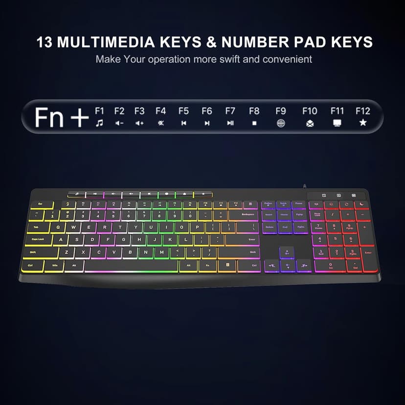 Computer Keyboard Wired,7-Color Rainbow LED Backlit, Quiet Light Up Keyboard with Multimedia Keys,Low Profile Chiclet Keys,Large Number Pad,Spill-Resistant, Anti-Wear Letters for Windows Mac PC Laptop