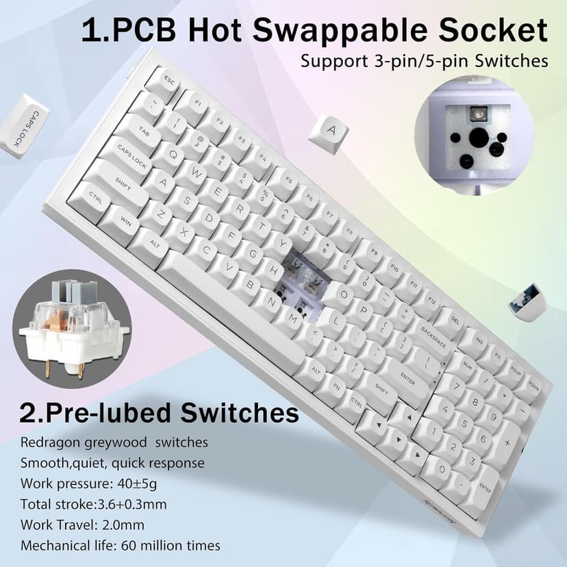 Redragon K723 Wireless Mechanical Gaming Keyboard Creamy, Hot Swappable Pre-lubed Linear Switches, Gasket Structure, Tri-Mode BT5.0/2.4GHz/USB-C, RGB Backlit, Custom for PC/Mac/PS/Xbox, White