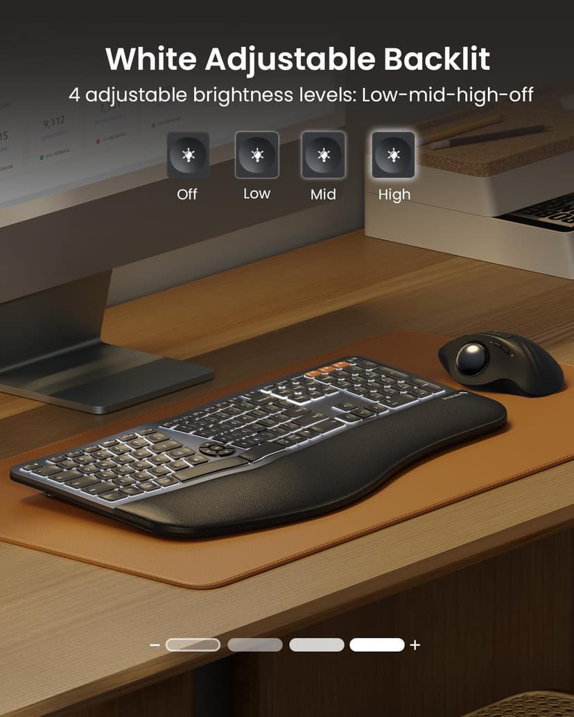 ProtoArc Backlit Bluetooth Ergonomic Keyboard, EK01 Plus Full Size Wireless Split Keyboard with Dual Bluetooth and USB, Cushioned Wrist Rest, Rechargeable, Compatible with Windows/Mac/Android, Grey