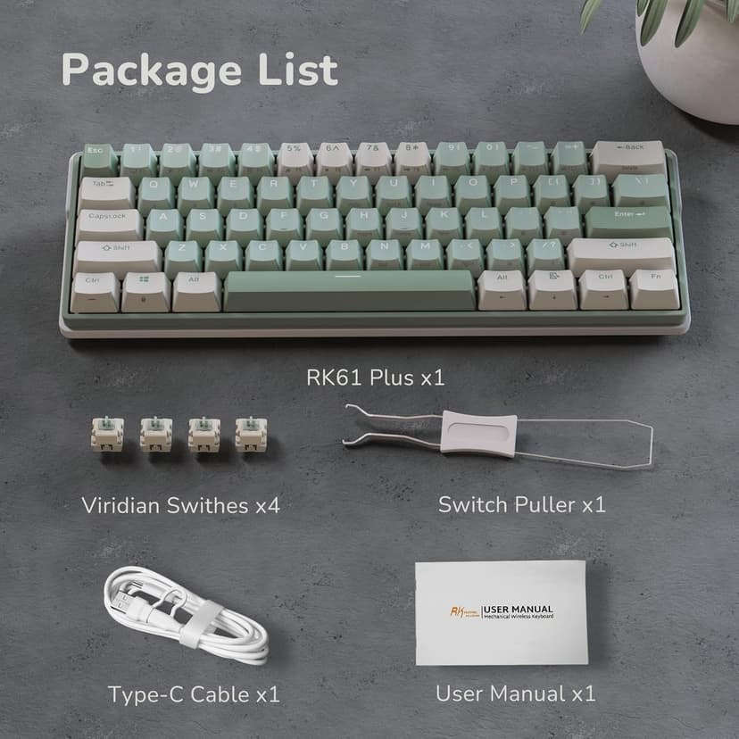 RK ROYAL KLUDGE RK61 Plus Wireless Gaming Keyboard, 60 Percent Mechanical Keyboard with Bluetooth/2.4Ghz/USB Wired, RGB Custom Keyboards for Win/Mac, PC Game, Hot Swappable Silent Linear Switch, Green