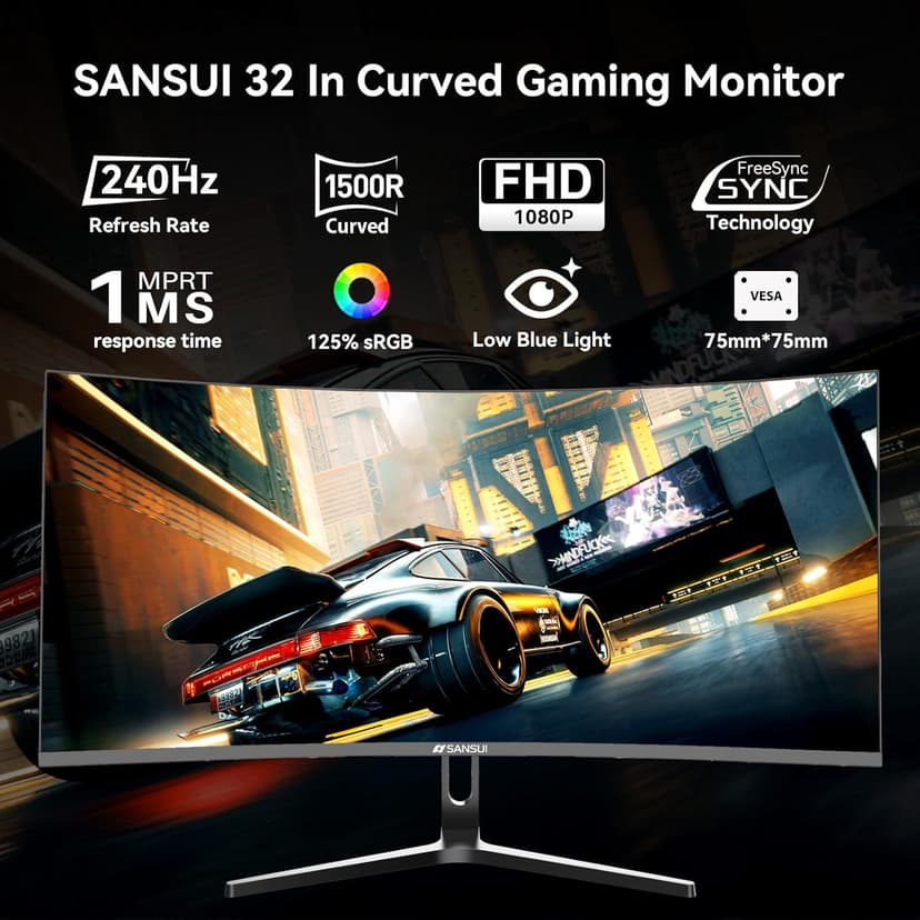 SANSUI 32 Inch Curved 240Hz Gaming Monitor High Refresh Rate, FHD 1080P Gaming PC Monitor HDMI DP1.4, Curved 1500R, 1Ms MPRT, HDR,Metal Stand,VESA Compatible (ES-G32C3F DP Cable Incl.)