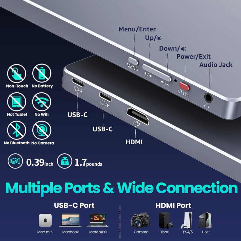Portable Monitor 15.6 Inch 1080P FHD HDR IPS Travel Screen HDMI USB-C Portable Monitor for Laptop MacBook PC Surface Xbox PS4/5 with Cover, VESA Compatible