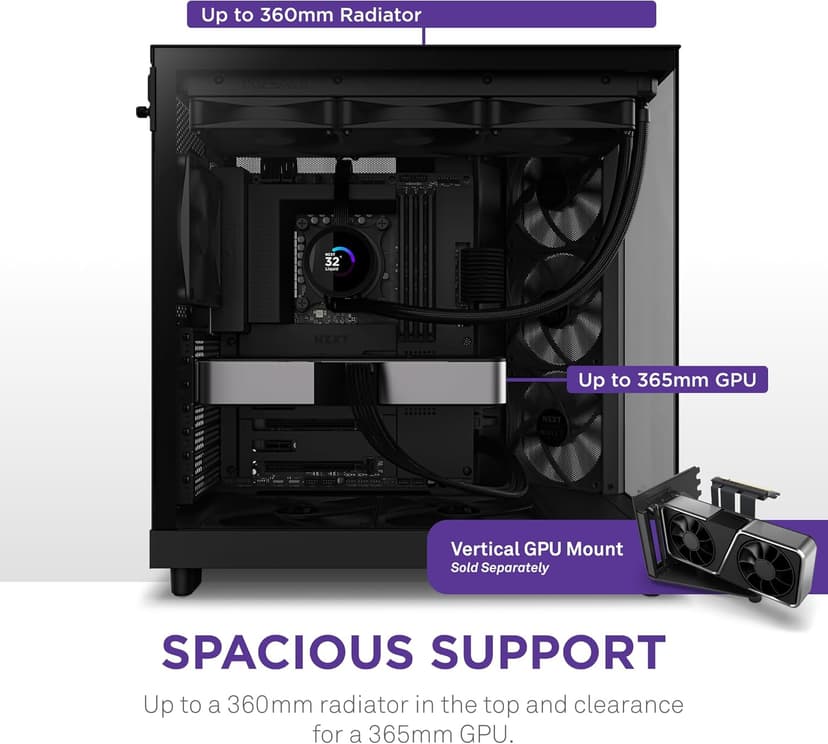 NZXT H6 Flow | CC-H61FB-01 | Compact Dual-Chamber Mid-Tower Airflow Case | Panoramic Glass Panels | High-Performance Airflow Panels | Includes 3 x 120mm Fans | Cable Management | Black