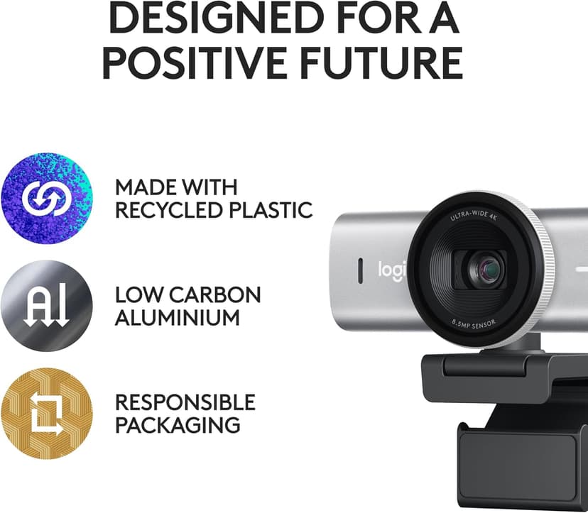 Logitech MX Brio, Multiple Resolutions, Dual Noise Reducing Mics, Show Mode, USB-C, Webcam Cover, Works with Microsoft Teams, Zoom, Google Meet - Pale Grey,