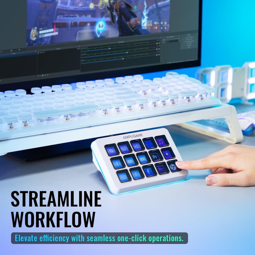 AmpliGame FIFINE Gaming Controller with 15 Shortcuts for OBS Streaming Studio with Macro Keys, Trigger Actions, PC Media RGB Controller for Content Creation/Office Work-D6 White