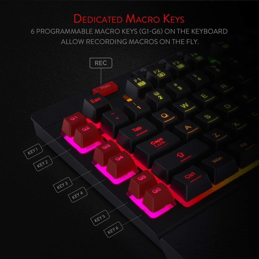 Redragon K512 Shiva RGB Backlit Membrane Gaming Keyboard with Multimedia Keys, Linear Mechanical-Feel Switch, 6 Extra On-Board Macro Keys, Dedicated Media Control, Detachable Wrist Rest