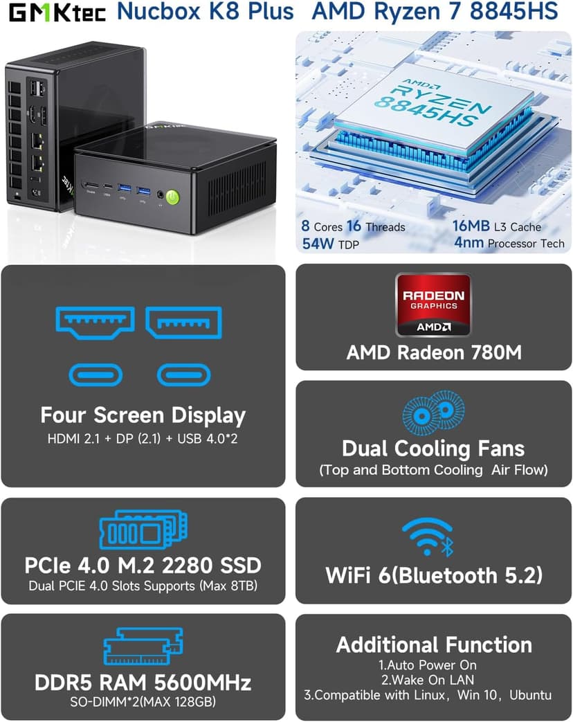 GMKtec Gaming Mini PC K8 Plus AMD Ryzen 7 8845HS(8C/16T, up to 5.1GHz) 32GB DDR5 RAM 1TB SSD, Desktop Computer Dual NIC 2.5G, HDMI 2.1, USB4