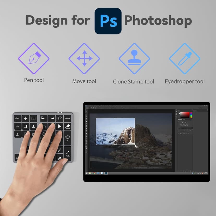 Doohoeek Bluetooth Shortcut Keyboard for Adobe Photoshop for PC Computer, Desktop, iPad & MacBook, PS Shortcut Hotkeys Keypad Rechargeable with 7-Color Backlit Key for MacOS, iOS & Windows