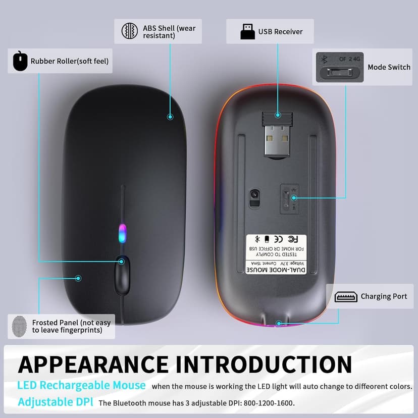 Wireless Bluetooth Mouse – Rechargeable, Silent, Dual Mode (Bluetooth 5.2 & USB) with LED Lights – Portable for Laptop, Desktop, & Tablet(Black)