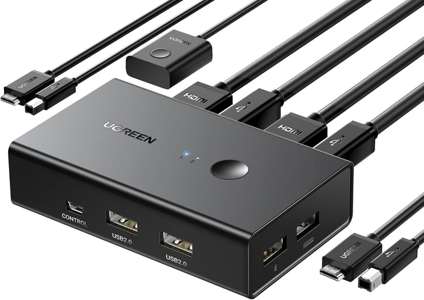 UGREEN HDMI KVM Switch 1 Monitor 2 Computers, with 4 USB Ports, KVM Switches for Sharing One Monitor Keyboard Mouse Printer Support 4K@60Hz, Include 2 HDMI Cables, 2 USB Cables, Desktop Controller