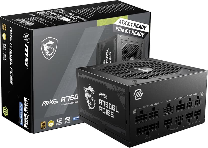 MSI MAG A750GL PCIE 5.1 & ATX 3.1 Gaming Power Supply - Full Modular - 80 Plus Gold Certified 750W - Compact Size - ATX PSU - 10 Year Warranty