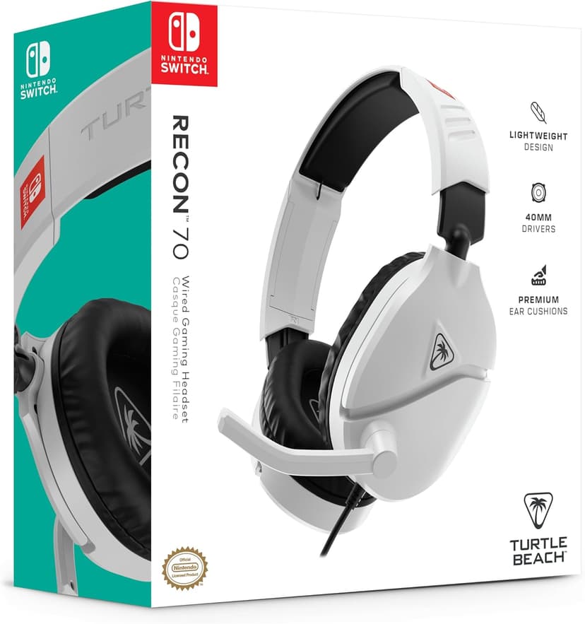 Turtle Beach Recon 70 Wired Gaming Headset - Nintendo Switch/Switch Lite/Switch - OLED Model, Nintendo Switch 2, Flip-to-Mute Mic, Adjustable, Lightweight, On-Ear Controls