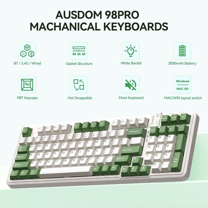 AUSDOM 98Pro Silent Mechanical Keyboard, Wireless Hot Swappable Gaming Keyboard with Backlit,Gasket Structure,Pre-lubed Tactile Switches,2.4GHz/Type-C/Bluetooth Custom Keyboards (Green & White-Silent)