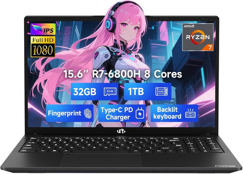 NIMO 15.6" IPS FHD-Gaming-Laptop, 8 Cores AMD Ryzen 7 6800H 32GB DDR5 RAM 1TB SSD (Beat Intel i7-12700H, Up to 4.7GHz) AMD Radeon 680M GPU-Computer with 100W GaN Type-C Backlit Keyboard Fingerprint