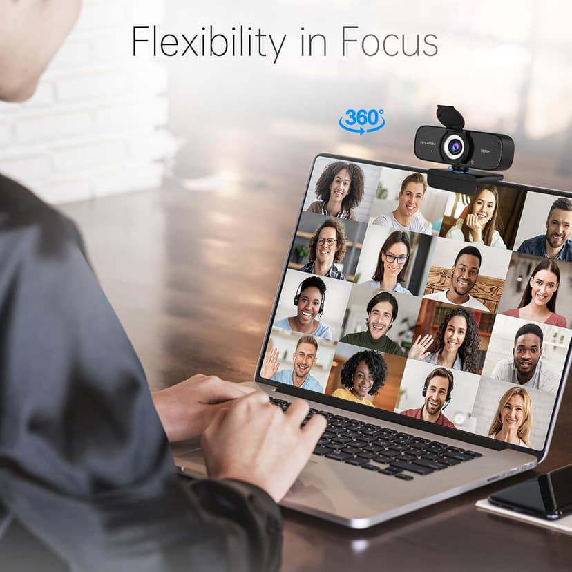 Full HD Webcam with Built-in Microphone and Rotatable Tripod, 1080P Video and Wide Angle Camera, Privacy Cover, for Desktop PC Laptop Computer Black