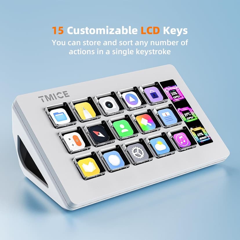 TMICE Stream Controller - Live Production Controller with 15 Customizable LCD Keys and Adjustable Stand, Trigger Actions in OBS Studio, Streamlabs, Twitch, YouTube and More, Works with PC/Mac