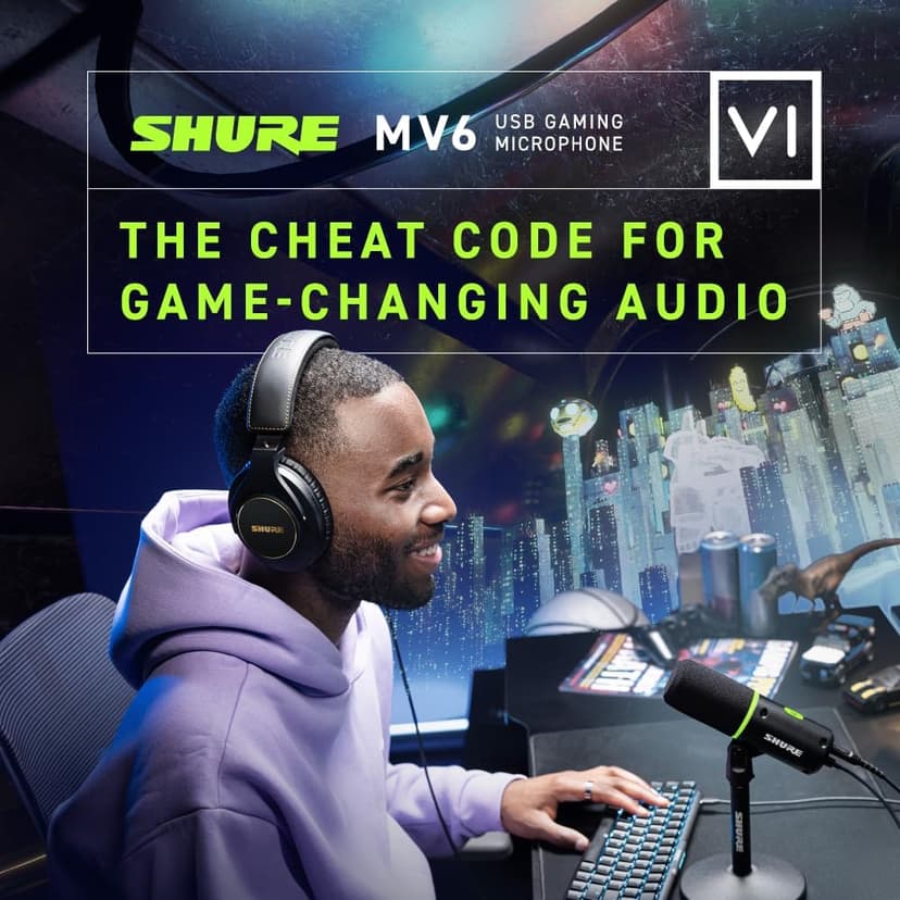 Shure MV6 Gaming Microphone, Dynamic USB PC Mic for Video Games & Streaming - Desktop Stand, Background Noise Cancellation, Tap-to-Mute & 3.5mm Output for Real-Time Headphone Monitoring