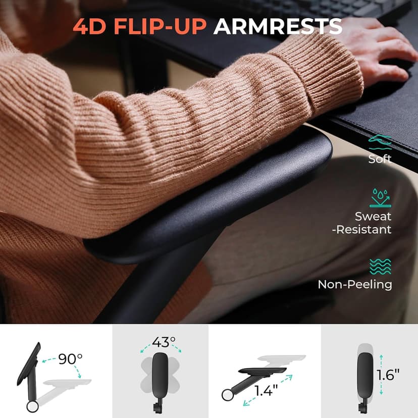 Ergonomic Mesh Office Chair, Adjustable Lumbar High Back Desk Chair 400lbs, 4D Flip-up Arms, 3-Level Tilt Backrest, 3D Headrest, PU Wheels, Swivel Rolling Computer Seating for Long Desk Work