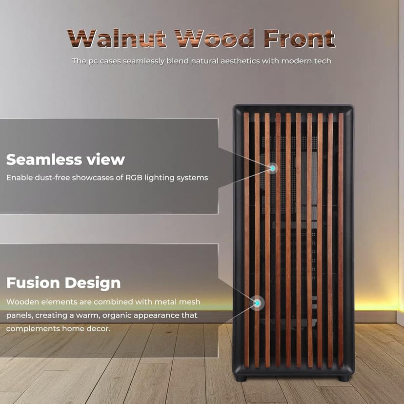 D1 Tempered Glass PC Case Meshify - Walnut Wood Front - Mesh and Glass Side Panel - Can Build in Up to 12 ARGB PWM Fans - High Airflow Mid Tower PC Gaming Case for ATX/mATX/ITX Motherboards Black