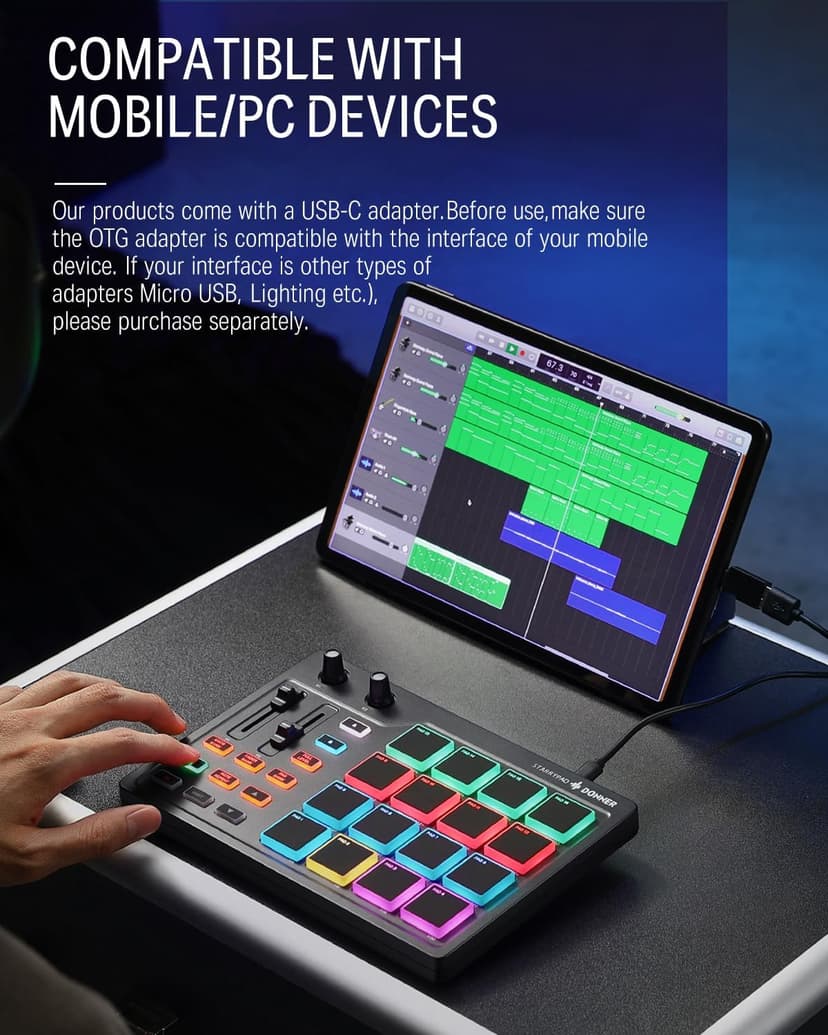 Donner MIDI Pad Beat Maker Machine Professional, Drum Machine with 16 Beat Pads, 2 Assignable Fader & Knobs and Music Production Software, USB MIDI Controller with 40 Courses, STARRYPAD