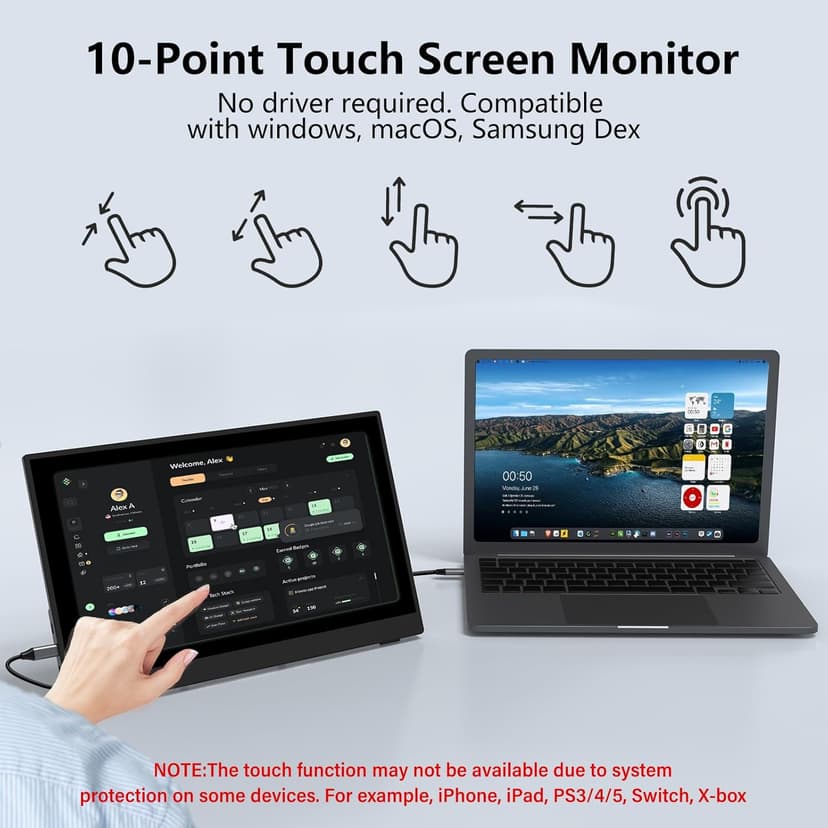 InnoView Portable Monitor Touchscreen 15.6" 1080P 10-Point Touch Screen Monitor Portable with Protective Sleeve Built-in Stand, 1200:1 HDMI USB C Travel Monitors for Laptop, PC, Mac, Phone, Switch