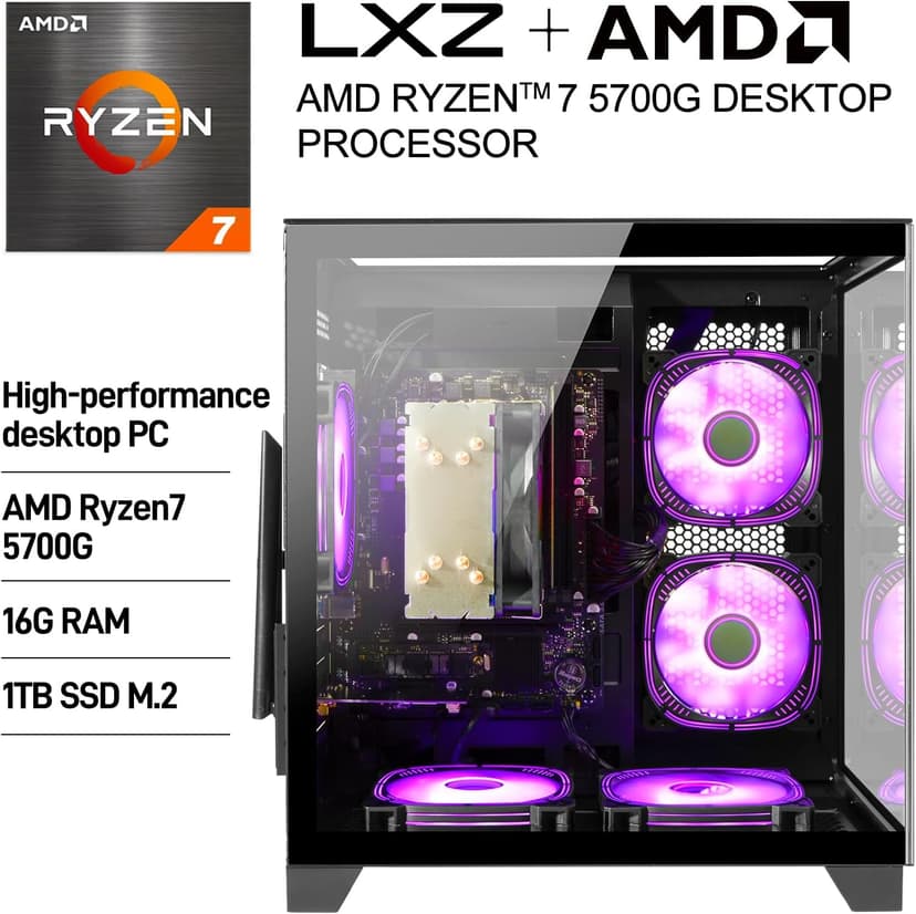LXZ Desktop PC AMD Ryzen 7-5700G 8 core 3.9GHz, 16G DDR4 RAM, 1TB NVME SSD, Tower Computer with 650W Power Supply for Home and Office (Black)