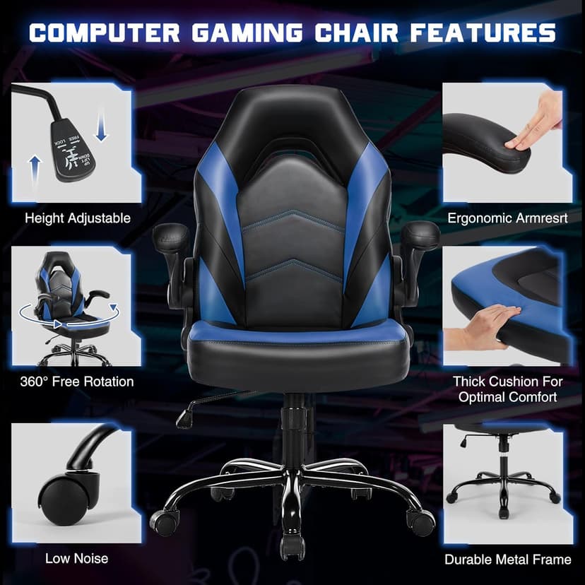 DUMOS Ergonomic Computer Gaming Chair - Home Office Desk with PU Leather Lumbar Support, Height Adjustable Big and Tall Video Game with Flip-up Armrest, Swivel Wheels for Adults and Teens
