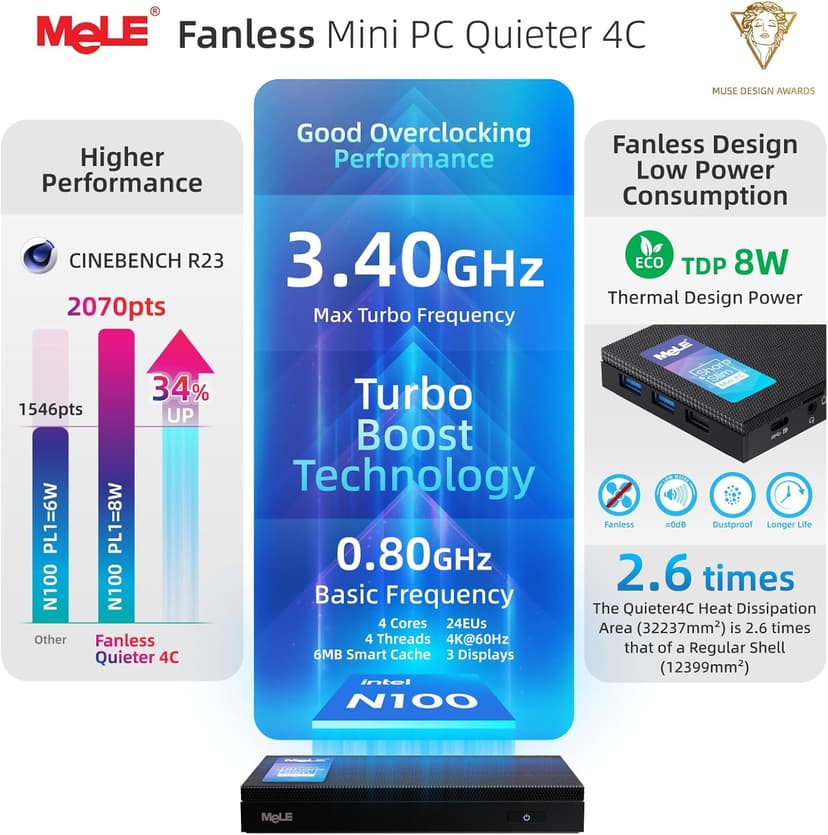 MeLE Mini PC Quieter 4C - 12th Gen N100, Fanless PC, 16GB Memory, 512GB Storage,with Windows 11 Pro, 2.4/5G Wi-Fi, Full-Functional USB-C, 4K Triple Display Desktop