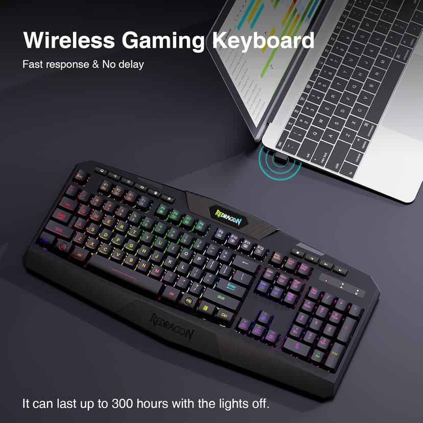 Redragon K503 Wireless Gaming Keyboard, RGB LED Backlit, Multimedia Keys, Silent Membrane Keyboard with Wrist Rest for Windows PC Games (Black)