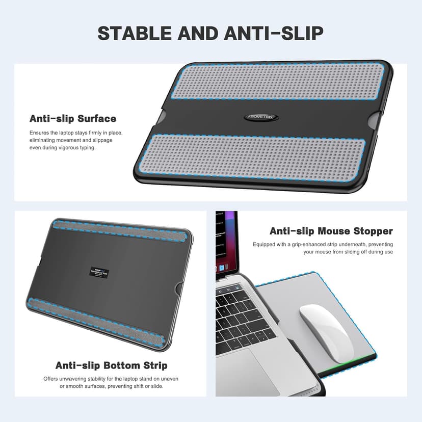 AboveTEK Portable Laptop Lap Desk w/ Retractable Left/Right Mouse Pad Tray, Non-Slip Heat Shield Tablet Notebook Computer Stand Table w/ Sturdy Stable Work Surface for Bed Sofa Couch or Travel