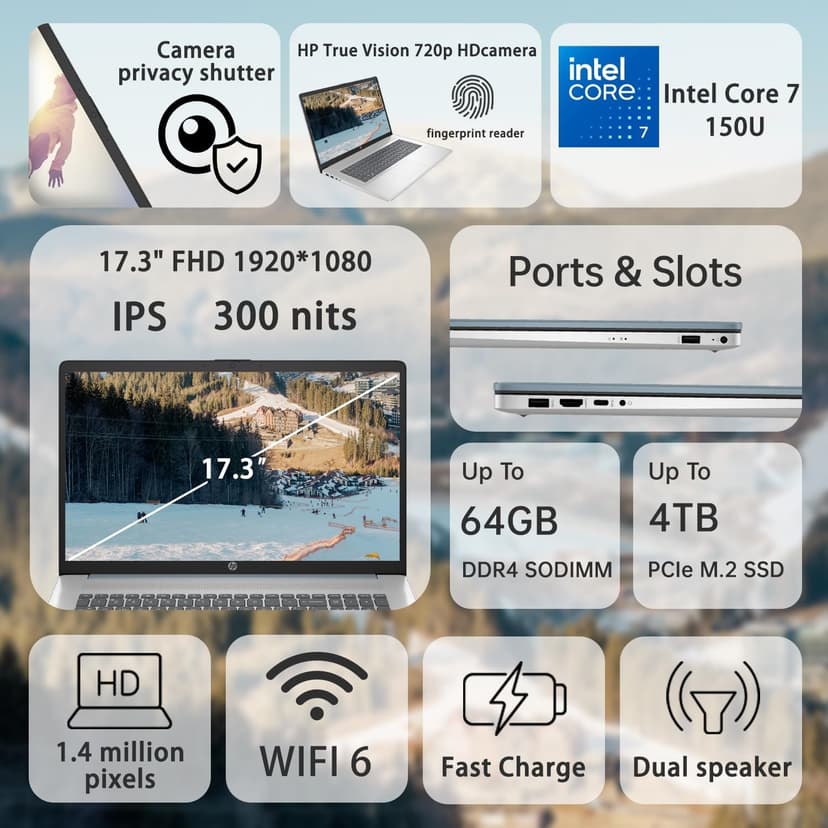 HP 2025 Essential Laptop, 17.3" FHD, Intel Core 7 150U (Beats I7 1335U), 32GB RAM, 1TB SSD, Fingerprint Reader, Backlit Keyboard, Wi-Fi 6, Win 11 Home, Blue, Bundle with ADATA 512 External SSD