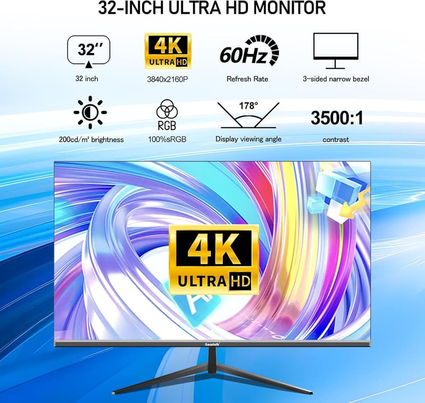32 Inch 4K UHD Computer Monitor, Ultra-Clear (3840×2160p) Screen, 100% sRGB,178° Viewing Angle, HDMI、Display Port, Compatible with Wall mounting 100 * 100MM - Black