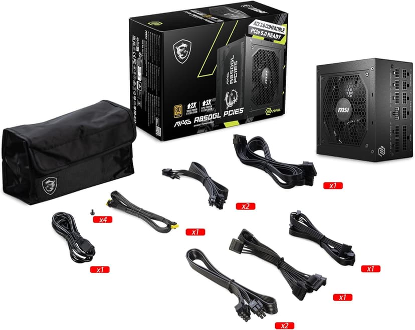 MSI MAG A850GL PCIE 5.1 & ATX 3.1 Gaming Power Supply - Full Modular - 80 Plus Gold Certified 850W - Compact Size - ATX PSU - 10 Year Warranty