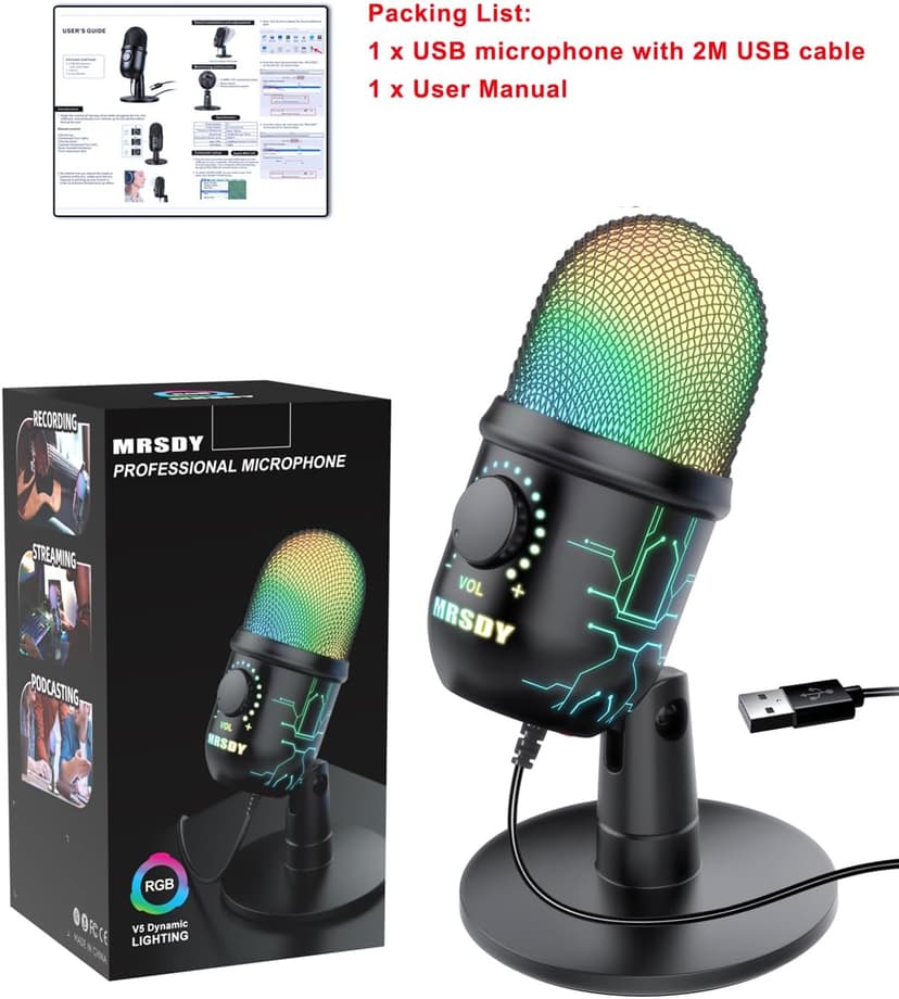 Gaming Microphone, USB Computer Microphone for PC, Mac, PS4/5, Condenser Podcast Mic for Studio Recording, YouTube, Streaming, with Headphone Jack, Led Light, Mute, Gain, Noise Cancellation
