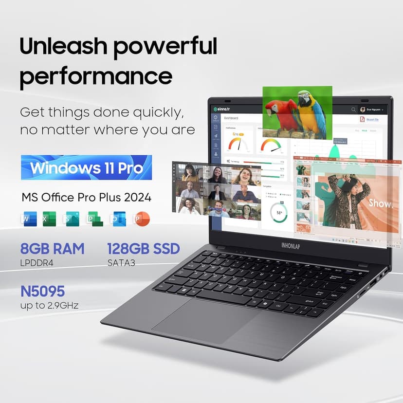 Laptop Computer, 14 Inch Laptop 8GB RAM 128GB SSD Laptops, Quad-Core N5095 Processor, Up to 2.9 GHz, Win11 Pro, Office Pro Plus 2024, WiFi 5, BT 5.0, Webcam, Long Lasting Battery, Black