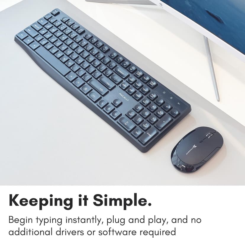 Macally Wireless Keyboard | 2.4 Computer Key Board | Full Size and Wireless (Quiet Keys) All Day Comfortable Typing with Wireless USB for Laptop, Desktop PC, Surface, Chromebook, Notebook