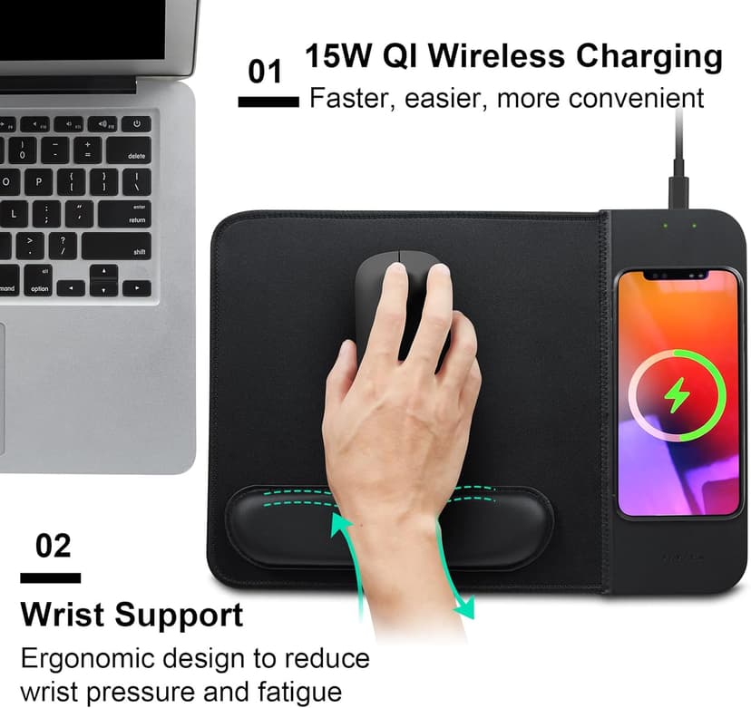 15W Wireless Charging Mouse Pad with Wrist Support, Fast Qi Wireless Charger Mouse Mat for iPhone 16/15/14/13/12/12 Pro/11/11Pro/XR/Xs/X, Samsung Galaxy S10/S9/S8 Plus Note 9/8 Multiple Devices