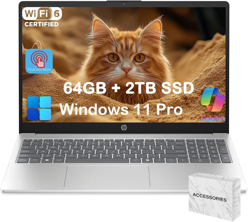 HP 15.6 Touchscreen Laptop Computer for Business & Student, w/Office Lifetime, Intel 13th Gen Core i3(Up to 4.5GHz), HD Touch Display, 64GB RAM, 2TB SSD, AI Copilot, Win 11 Pro, External DVD Drive